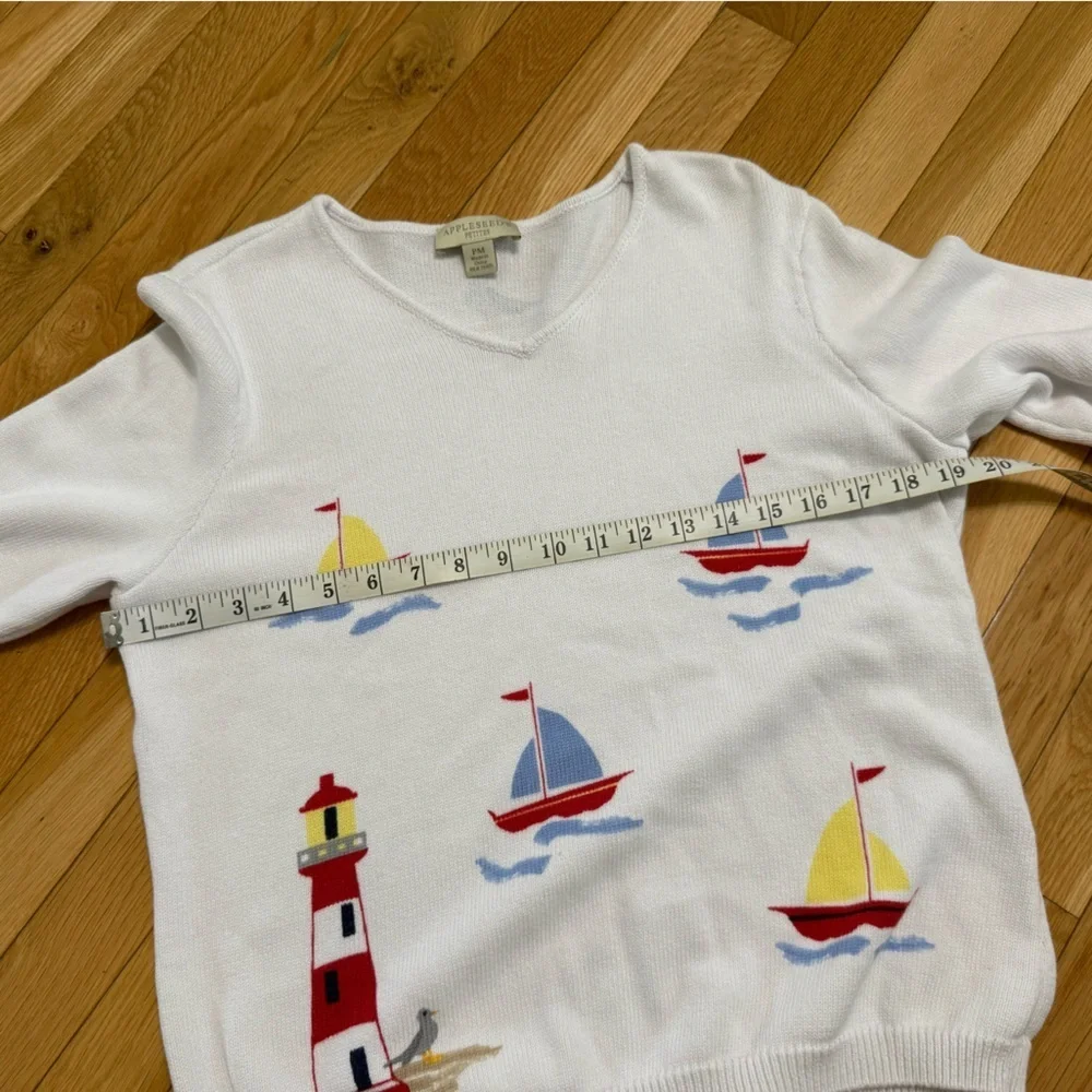 Nautical Themed White Sweater Sailboats and Lighthouse Appleseeds Petite Medium - Picture 4 of 7